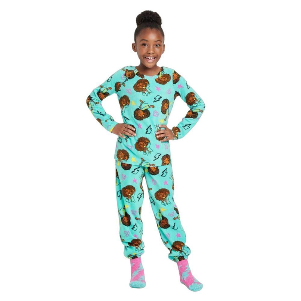 Girls' Karma's World Long Sleeve Pajama Set with Cozy Socks - Blue Size M